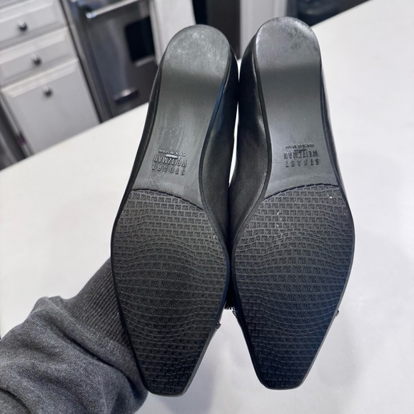 Stuart Weitzman Blk Leather & Blk Patent cap toe silver Chain Bow Flats Size 6 - Picture 9 of 13